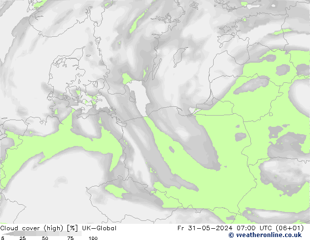 Cloud cover (high) UK-Global Fr 31.05.2024 07 UTC