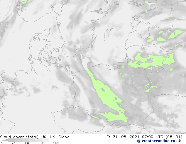 Cloud cover (total) UK-Global Pá 31.05.2024 07 UTC