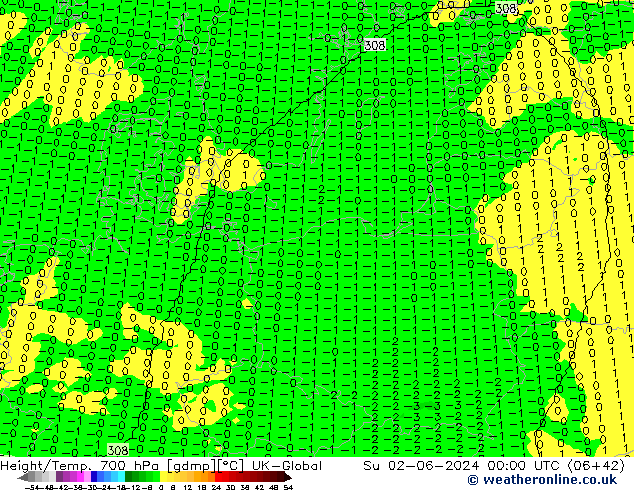 Height/Temp. 700 hPa UK-Global Su 02.06.2024 00 UTC