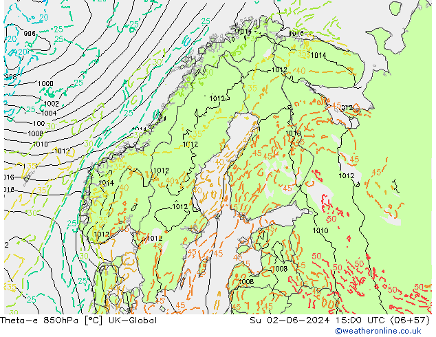 Theta-e 850hPa UK-Global Dom 02.06.2024 15 UTC