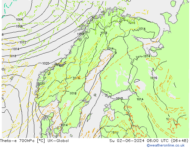 Theta-e 700hPa UK-Global Su 02.06.2024 06 UTC