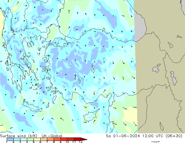 Vento 10 m (bft) UK-Global sab 01.06.2024 12 UTC