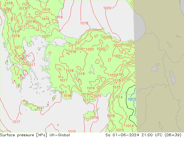 Atmosférický tlak UK-Global So 01.06.2024 21 UTC