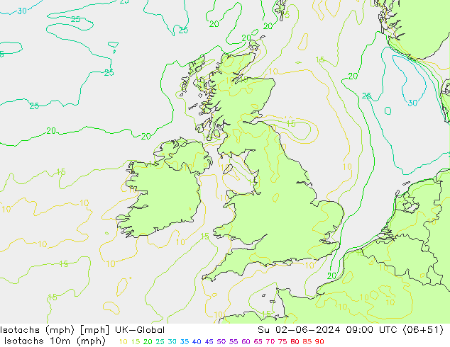 Isotachen (mph) UK-Global zo 02.06.2024 09 UTC