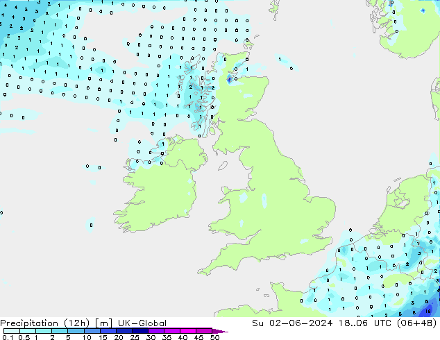 Precipitation (12h) UK-Global Su 02.06.2024 06 UTC