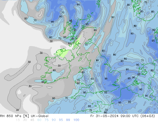 Humedad rel. 850hPa UK-Global vie 31.05.2024 09 UTC