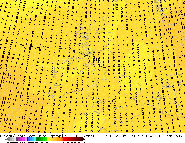 Hoogte/Temp. 850 hPa UK-Global zo 02.06.2024 09 UTC