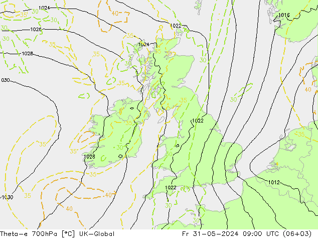 Theta-e 700hPa UK-Global vie 31.05.2024 09 UTC