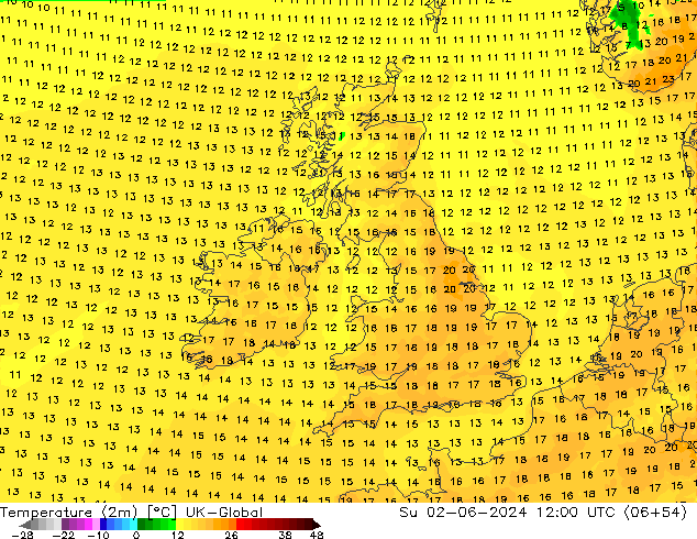 Temperatura (2m) UK-Global dom 02.06.2024 12 UTC