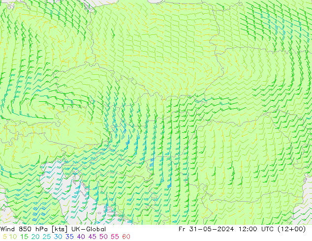 Vento 850 hPa UK-Global ven 31.05.2024 12 UTC