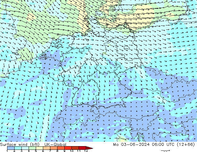 Surface wind (bft) UK-Global Mo 03.06.2024 06 UTC