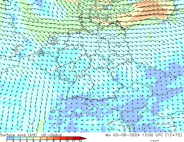 Surface wind (bft) UK-Global Po 03.06.2024 12 UTC