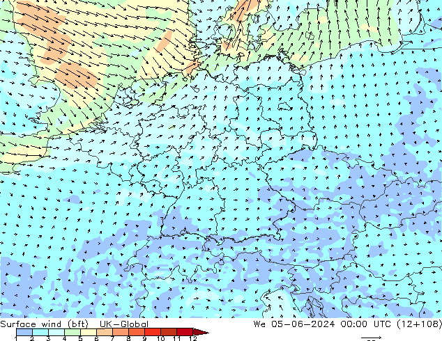 Wind 10 m (bft) UK-Global wo 05.06.2024 00 UTC