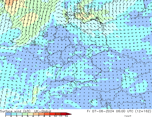 Surface wind (bft) UK-Global Fr 07.06.2024 06 UTC