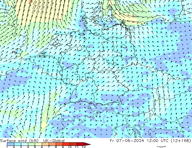 Surface wind (bft) UK-Global Fr 07.06.2024 12 UTC