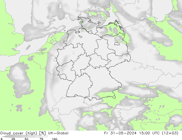 Cloud cover (high) UK-Global Fr 31.05.2024 15 UTC