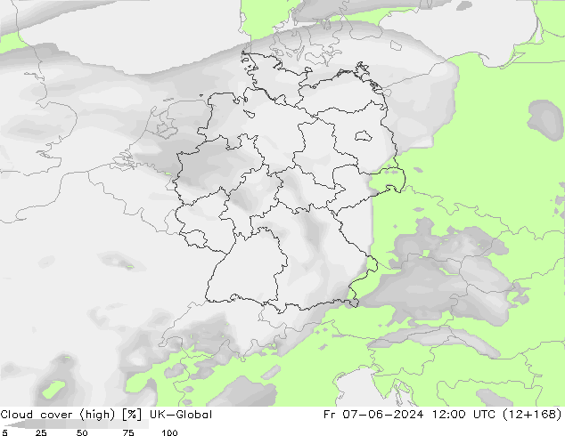Cloud cover (high) UK-Global Fr 07.06.2024 12 UTC