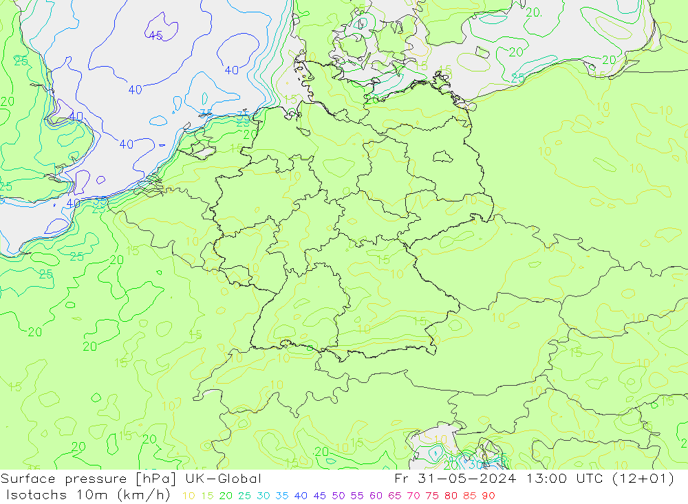 Isotachen (km/h) UK-Global vr 31.05.2024 13 UTC