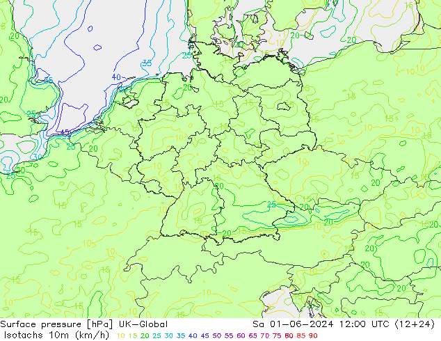 Isotachen (km/h) UK-Global Sa 01.06.2024 12 UTC