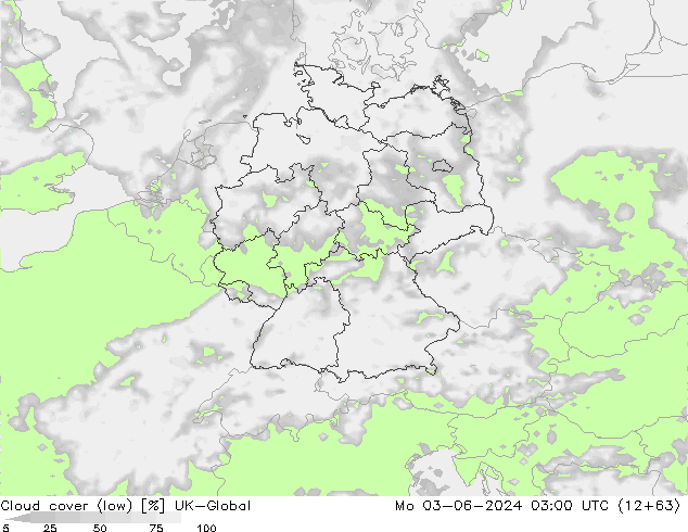 Cloud cover (low) UK-Global Mo 03.06.2024 03 UTC