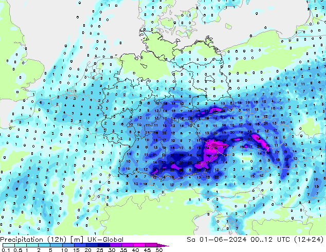 Totale neerslag (12h) UK-Global za 01.06.2024 12 UTC