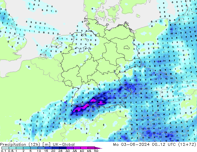 Precipitazione (12h) UK-Global lun 03.06.2024 12 UTC