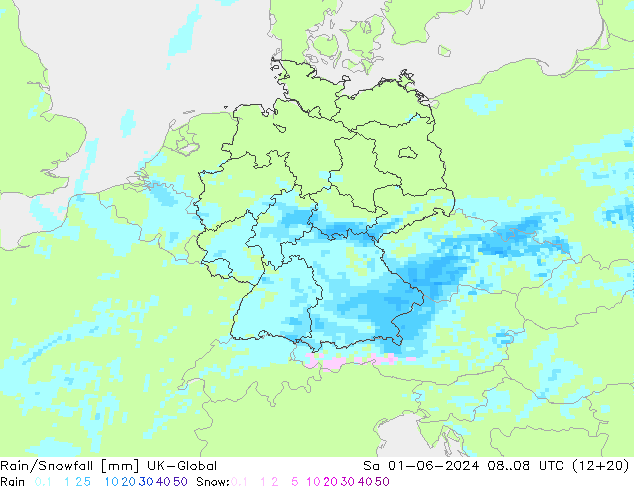 Rain/Snowfall UK-Global сб 01.06.2024 08 UTC