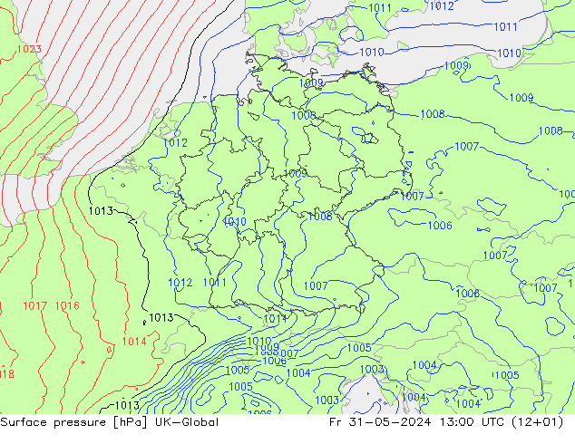 Pressione al suolo UK-Global ven 31.05.2024 13 UTC