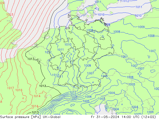 地面气压 UK-Global 星期五 31.05.2024 14 UTC