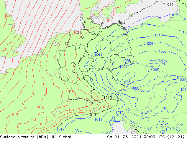 Atmosférický tlak UK-Global So 01.06.2024 09 UTC