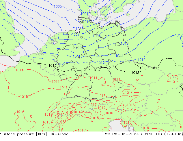 Pressione al suolo UK-Global mer 05.06.2024 00 UTC