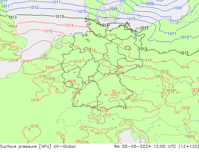 Pressione al suolo UK-Global mer 05.06.2024 12 UTC