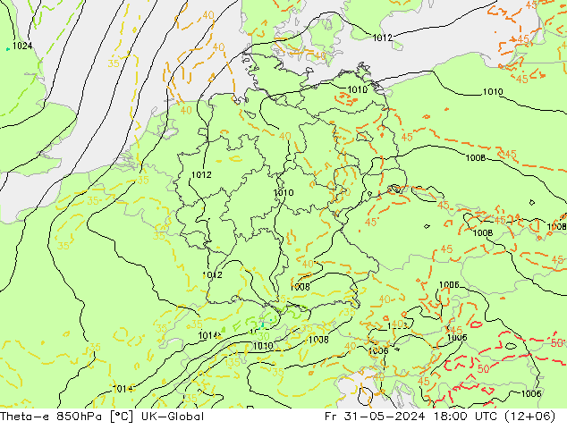 Theta-e 850hPa UK-Global Fr 31.05.2024 18 UTC