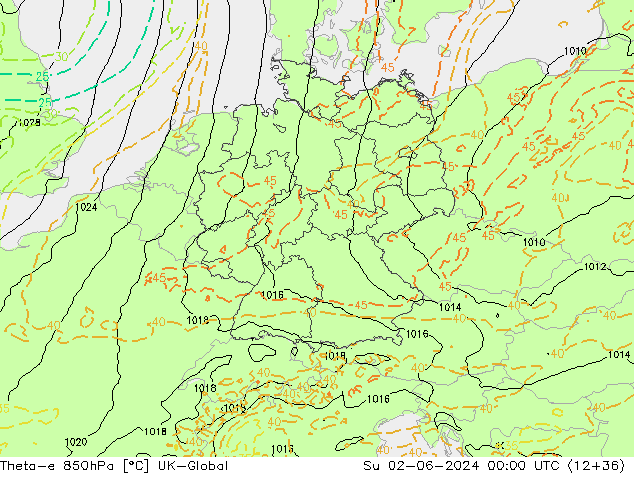 Theta-e 850hPa UK-Global Paz 02.06.2024 00 UTC