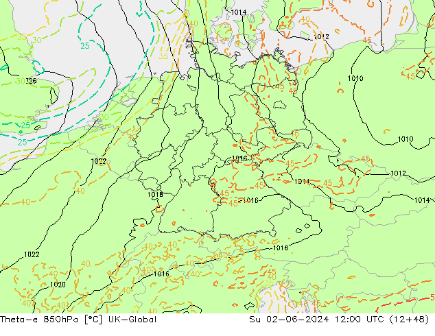 Theta-e 850hPa UK-Global dom 02.06.2024 12 UTC