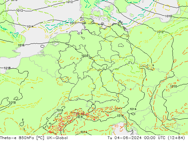 Theta-e 850hPa UK-Global Út 04.06.2024 00 UTC