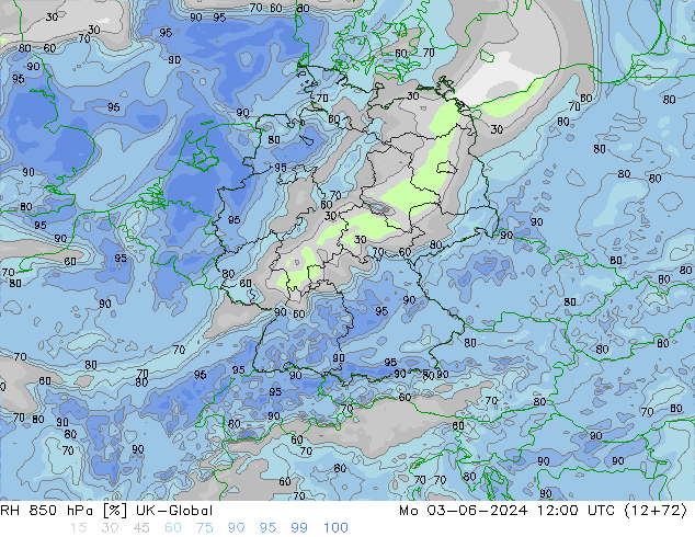 Humidité rel. 850 hPa UK-Global lun 03.06.2024 12 UTC