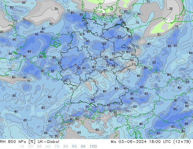 Humedad rel. 850hPa UK-Global lun 03.06.2024 18 UTC