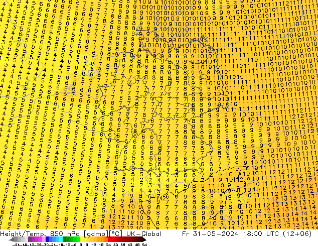 Height/Temp. 850 hPa UK-Global Fr 31.05.2024 18 UTC