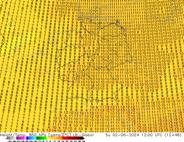 Height/Temp. 850 hPa UK-Global Su 02.06.2024 12 UTC