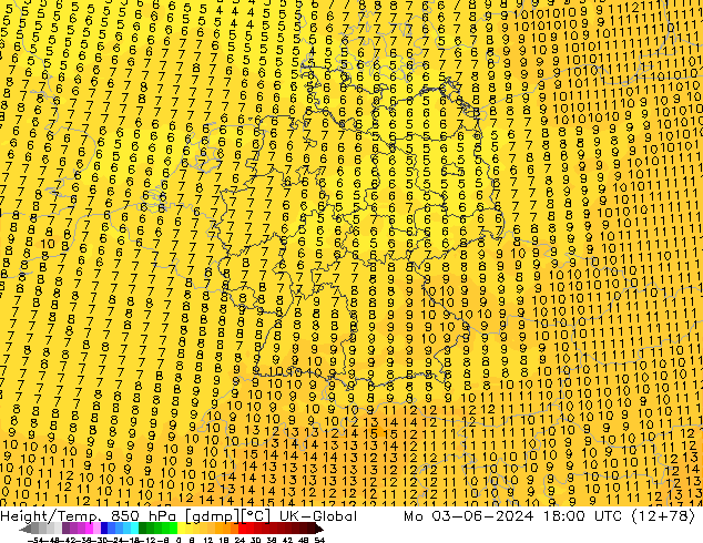 Geop./Temp. 850 hPa UK-Global lun 03.06.2024 18 UTC