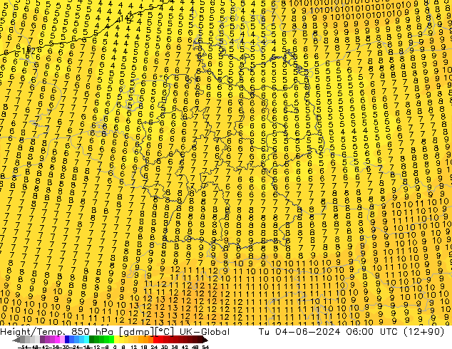 Height/Temp. 850 hPa UK-Global  04.06.2024 06 UTC