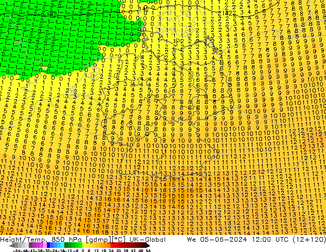 Height/Temp. 850 hPa UK-Global We 05.06.2024 12 UTC