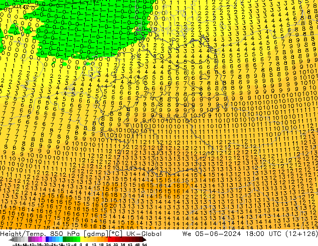 Hoogte/Temp. 850 hPa UK-Global wo 05.06.2024 18 UTC