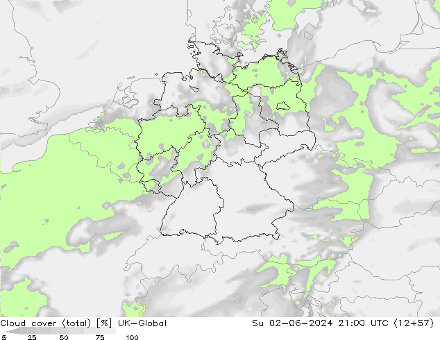 Cloud cover (total) UK-Global Su 02.06.2024 21 UTC