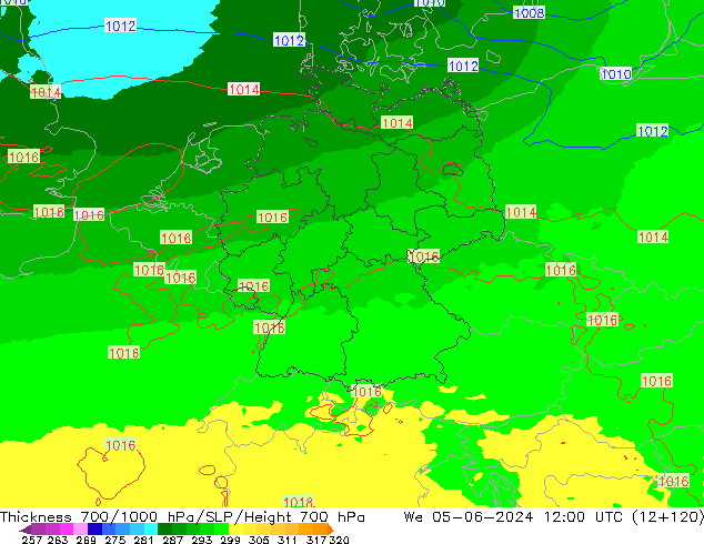 Schichtdicke 700-1000 hPa UK-Global Mi 05.06.2024 12 UTC