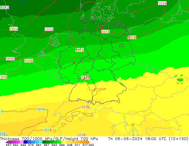 Thck 700-1000 гПа UK-Global чт 06.06.2024 18 UTC