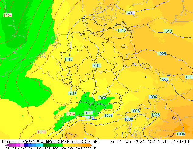 Schichtdicke 850-1000 hPa UK-Global Fr 31.05.2024 18 UTC