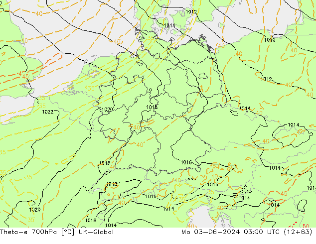 Theta-e 700hPa UK-Global pon. 03.06.2024 03 UTC