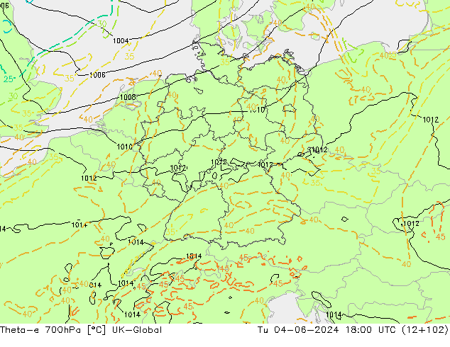 Theta-e 700hPa UK-Global Tu 04.06.2024 18 UTC